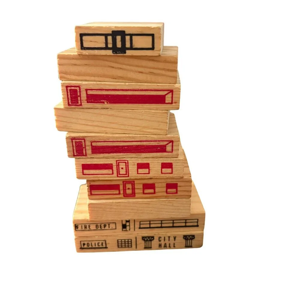 Vintage • 1970's Playskool: Village Wooden Blocks & Street Layout‎ In Container